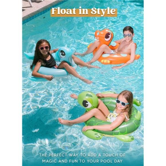 Kids 3-Pack Inflatable Pool Tubes Floats Dinosaur & Sea Turtle & Dolphin Pool - Picture 2 of 7
